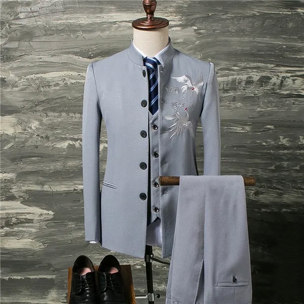 Мужской костюм, пальто, жилет и брюки, модный костюм в китайском ретро-стиле для жениха на свадьбу, классический мужской блейзер с воротником-стойкой, куртка, брюки