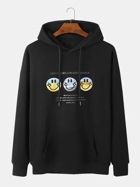 Мужской лозунг Smile Graphic Print Cotton Daily Pullover Drawstring Толстовка с капюшоном