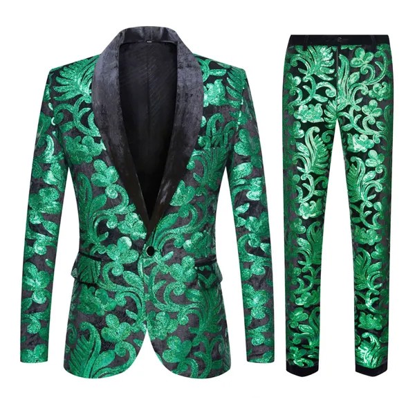Европейский размер (Блейзер + брюки) мужской костюм модный тренд тонкий зеленый бархатный Блестящий Свадебный костюм для жениха комплект из...