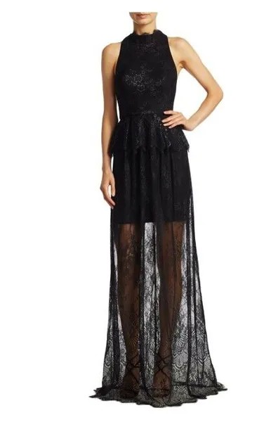 ML MONIQUE LHUILLIER Иллюзионное прозрачное платье черного цвета с кружевной баской и бретелькой металлик 10 США