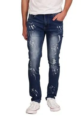 Мужские джинсы скинни M. Society цвета индиго с рваными краями и брызгами — 36x32