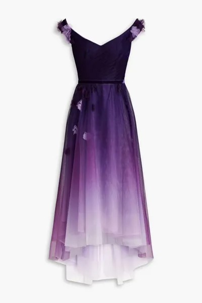 Платье из тюля деграде с открытыми плечами и аппликацией Marchesa Notte, фиолетовый