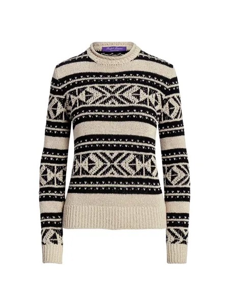 Шелковый свитер с геометрическим рисунком и круглым вырезом Ralph Lauren Collection, бежевый