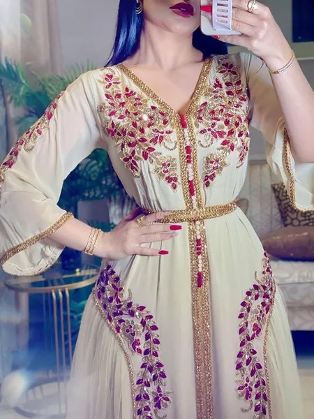 Женское шифоновое платье Caftan, роскошное турецкое вечернее платье с V-образным вырезом и вышивкой на поясе, 2022
