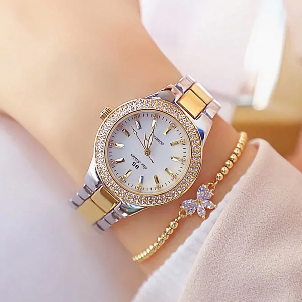 2020 Женские наручные часы Платье Золотые часы Женщины Хрустальные бриллиантовые часы Нержавеющая сталь Часы Женщины