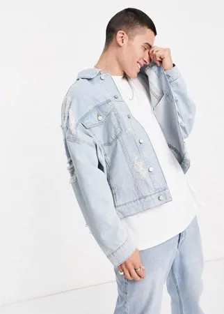 Рваная джинсовая oversized-куртка выбеленного голубого цвета ASOS DESIGN-Голубой