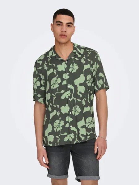 Рубашка ONLY Freizeit Kurzarm Tropisches Blumen Print Shirt ONSDASH, зеленый
