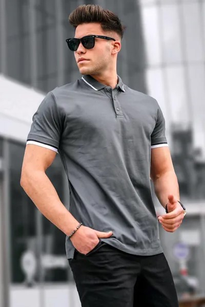 Дымчатая однотонная мужская футболка с воротником поло MADMEXT, копченый