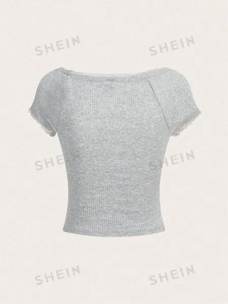 SHEIN Qutie Женская трикотажная футболка с короткими рукавами и кружевным краем, серый
