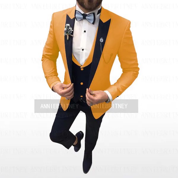 Новинка 2021, золотистый Свадебный костюм для жениха, мужской пиджак, темно-синий жилет и брюки, смокинг из 3 предметов, приталенный силуэт, для...