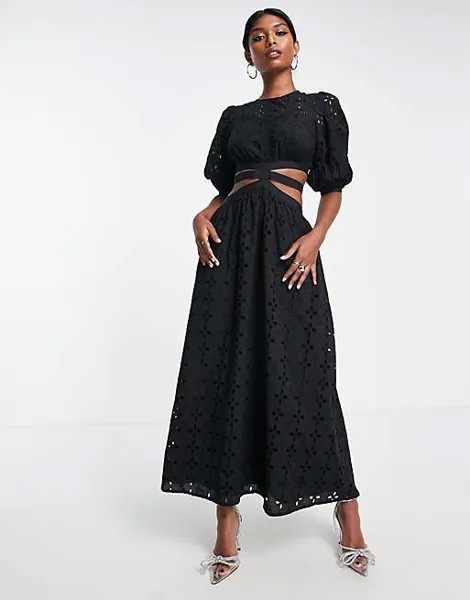 Черное платье миди с вырезами и кружевными вставками ASOS DESIGN