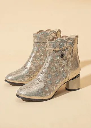 Женская мода Soft Breathable Rhinestone Mesh Chunky Heel Short Ботинки