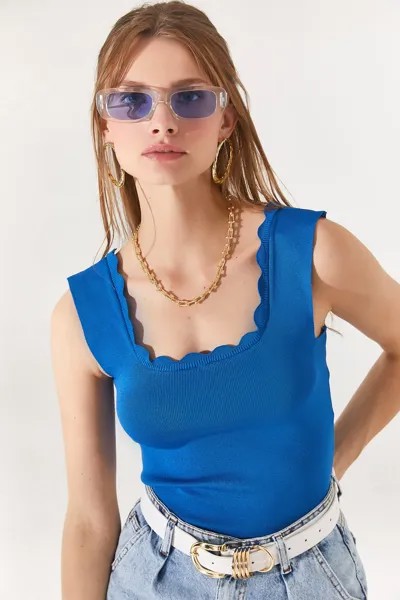 Женская трикотажная блузка с воротником цвета индиго выше талии Olalook, синий