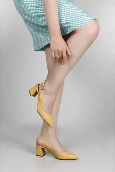 Горчичные женские летние туфли из натуральной кожи на толстом каблуке с острым носком 24118 GÖNDERİ(R), желтый