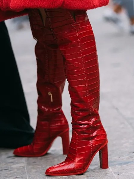 Однотонная женская модельная обувь выше колена, красная, черная кожаная женская обувь с боковой молнией, модная Яркая обувь