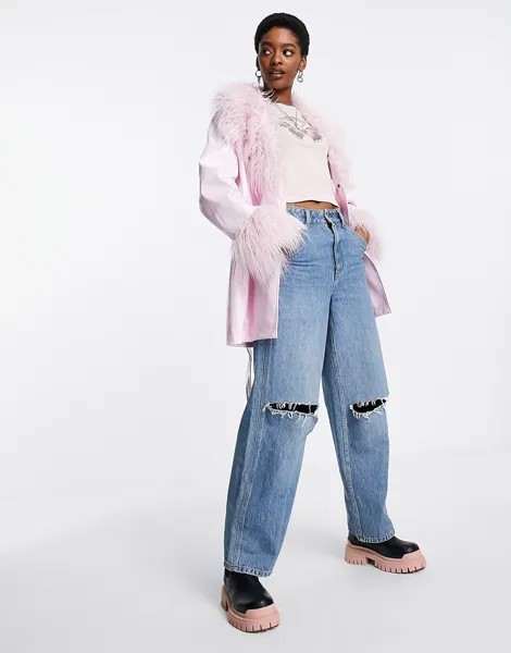 Розовая куртка в винтажном стиле из искусственной кожи с воротником из искусственного меха ASOS DESIGN-Розовый цвет