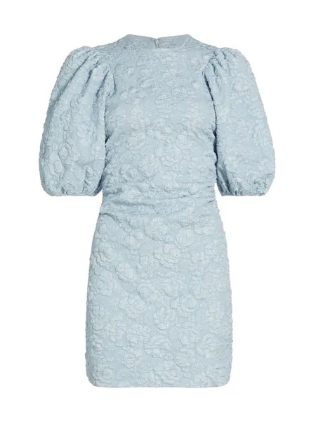 Мини-платье из эластичного жаккарда с пышными рукавами GANNI, синий