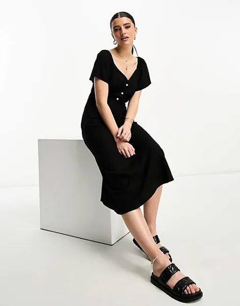 Черное льняное платье миди с развевающимися рукавами Vero Moda