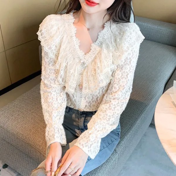 Женская кружевная рубашка, весна 2022, новая Корейская версия, шифоновая женская блузка с длинным рукавом, 201g,hai,0320-9