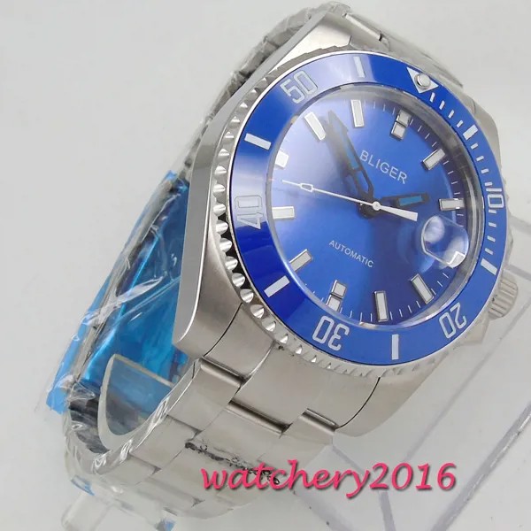 Часы Bliger мужские с синим циферблатом и сапфировым стеклом, брендовые Роскошные автоматические механические однотонные с ремешком, 43 мм, 316L