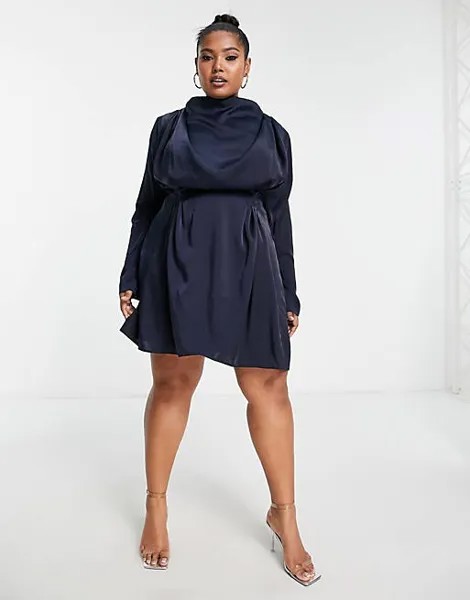 Темно-синее атласное мини-платье с драпировкой, складками и открытой спиной ASOS DESIGN Curve