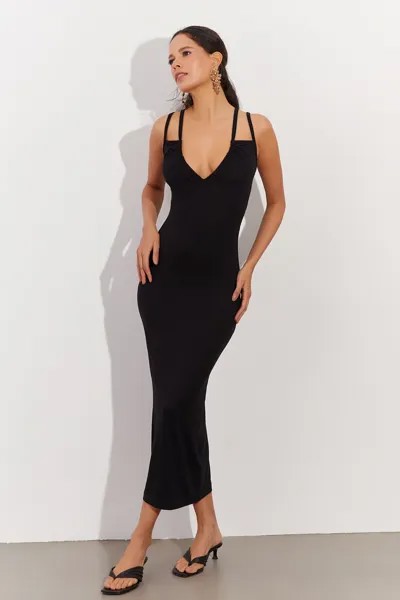 Женское черное платье миди с двумя бретелями и v-образным вырезом Cool & Sexy, черный