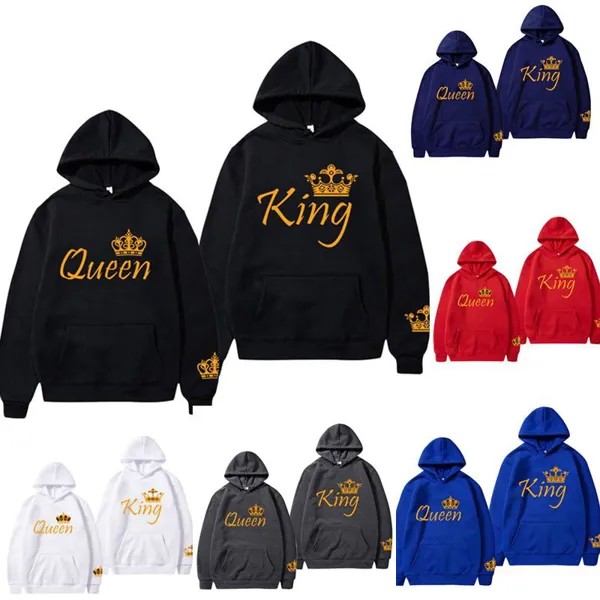 Новая мода Hoodies Пара Sweatshirts Мужчины и женщины Унисекс Hoodies короля и королевы Любовник Длинные рукава Hoodies Топы