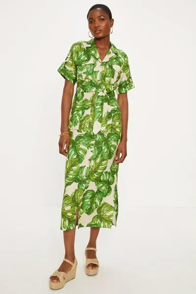 Платье-рубашка миди из льняного микса с пальмовым принтом Oasis, зеленый