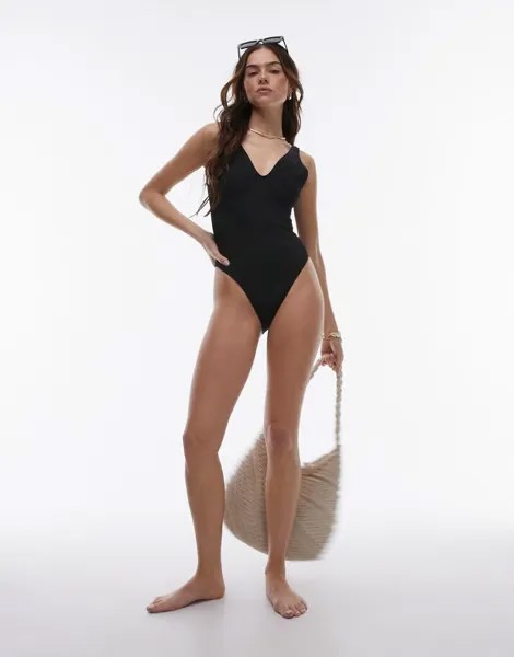 Черный купальник в рубчик с глубоким вырезом на спине Topshop