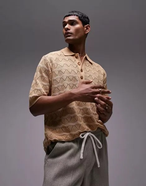 Светло-коричневая фактурная трикотажная рубашка-поло с волнистыми полосками Topman