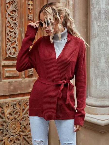 Milanoo Women\'s Sweaters Cardigans Burgundy Polyester Long Sleeves V-Neck Cotton Coats