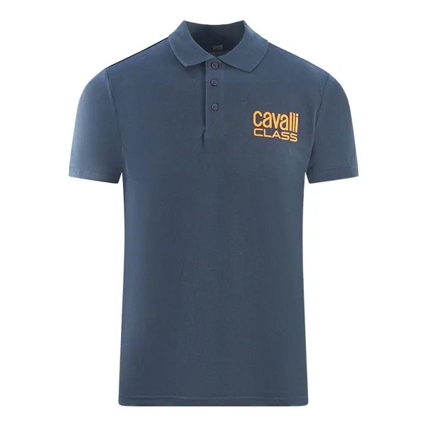 Темно-синяя рубашка-поло с ярким логотипом бренда Cavalli Class, синий