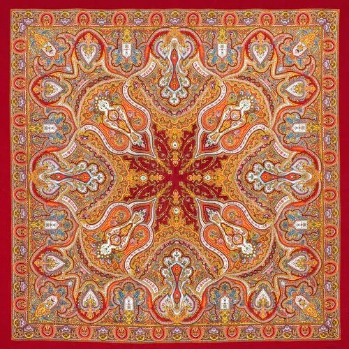 Платок Павловопосадская платочная мануфактура,146х146 см, красный, оранжевый
