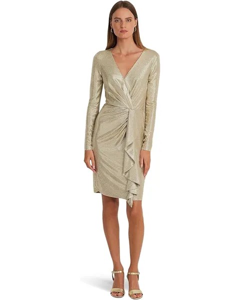 Платье LAUREN Ralph Lauren Metallic Knit Surplice Cocktail, цвет Birch Tan/Gold Foil