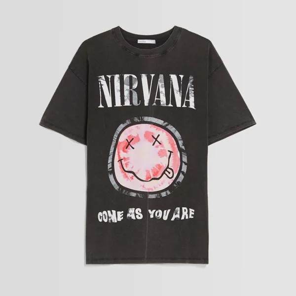 Футболка Bershka Printed Short Sleeve Oversize Nirvana, серый