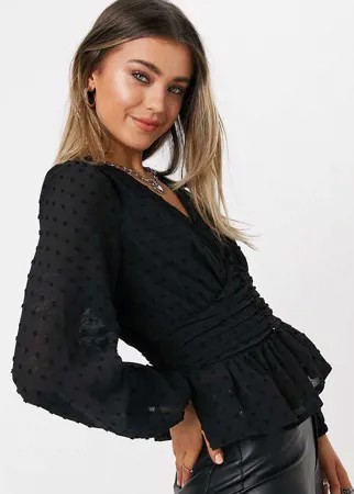 Черная блузка из ткани добби со сборками спереди New Look-Черный цвет