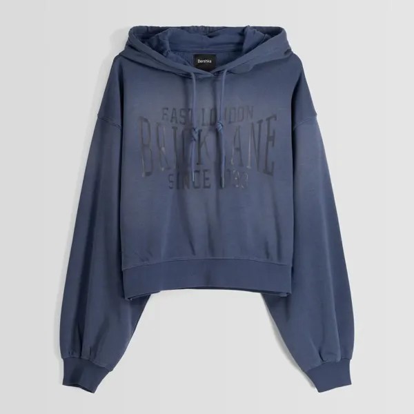 Худи Bershka Oversize Faded-effect Slogan, темно-синий