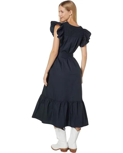 Платье MOON RIVER Smocking Embroidered Yoke Midi Dress, темно-синий