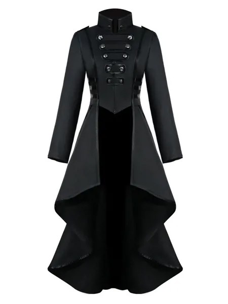 Milanoo Medieval Renaissance Women's Black Stand Collar Coat Button High Low Jacket Gothic Uniform