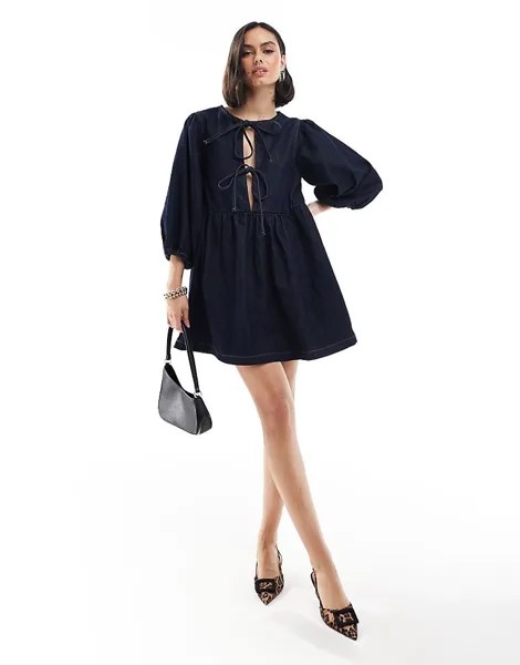 ASOS DESIGN – Джинсовое платье цвета индиго с пышными рукавами