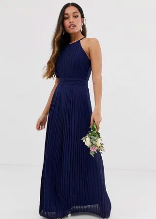 Темно-синее платье макси с американской проймой эксклюзивно от TFNC Petite bridesmaid-Темно-синий