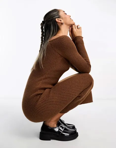 Платье макси Asos Design Knitted Off Shoulder, коричневый