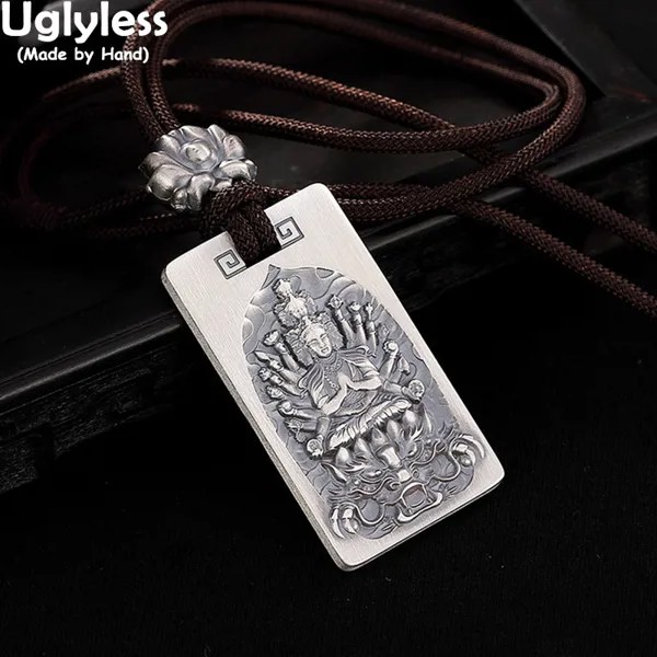 Uglyless 100% реальные твердые 999 Чистые Серебряные женские квадратные Подвески ручной работы Буддизм с веревочкой цепи тайские серебряные ювелирные изделия