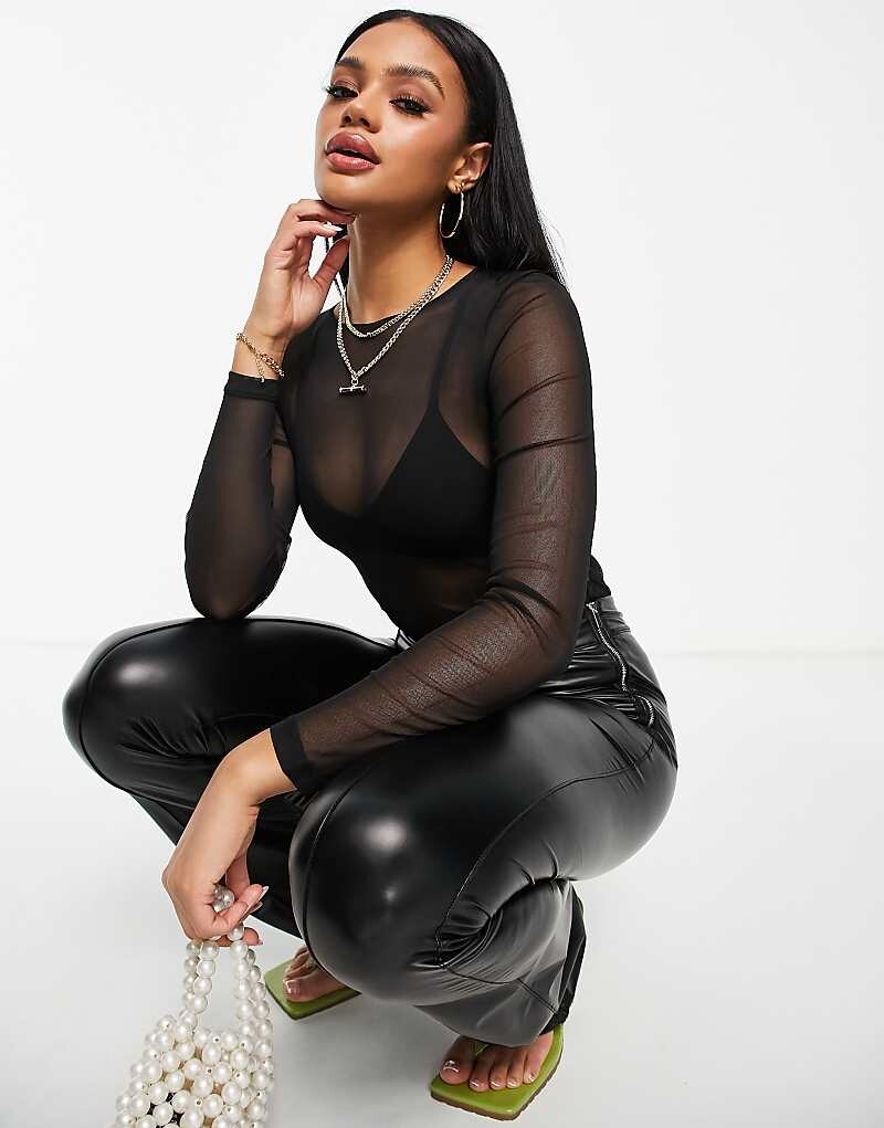 Черный сетчатый боди с длинными рукавами ASOS DESIGN - ЧЕРНЫЙ