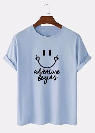 Mens Cartoon Smile Letter Print 100% Cotton Short Sleeve T-Shirts