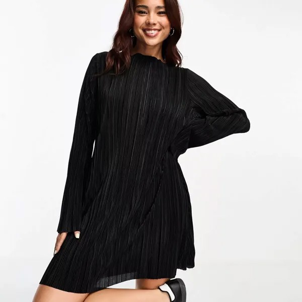 Платье миди Monki Plisse With Fluted Sleeve, черный