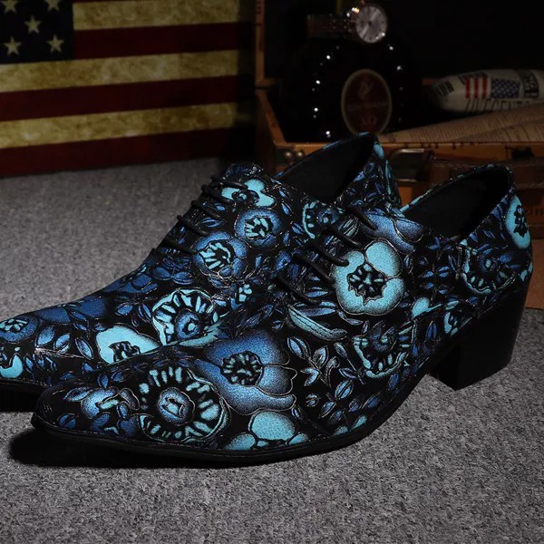 Christia Bella модные английские остроконечные носок мужские синего цвета из натуральной кожи с цветочным узором; Туфли-оксфорды; Вечерние мужские туфли; Обувь с перфорацией типа «броги»; Большие Размеры
