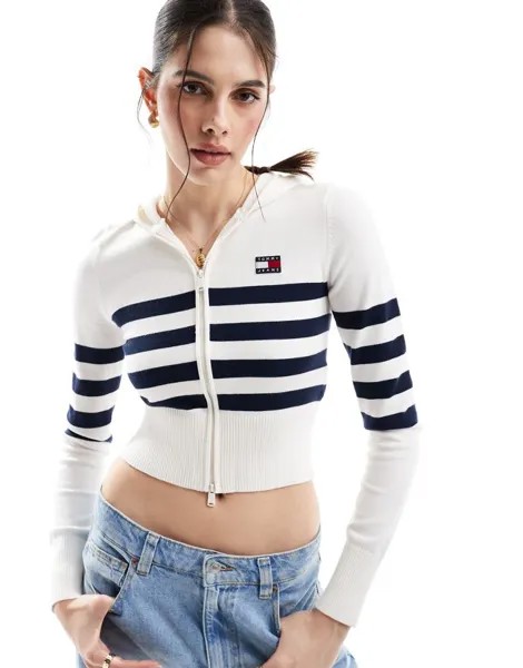 Вязаное худи на молнии в бело-темно-синюю полоску Tommy Hilfiger