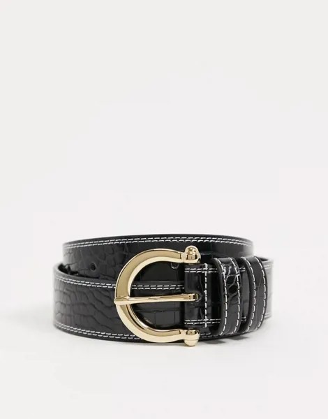 Черный ремень для джинсов с отделкой под кожу крокодила и контрастными строчками ASOS DESIGN-Черный цвет