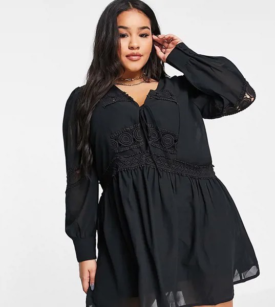 Черное свободное платье мини с кружевными вставками ASOS DESIGN Curve-Черный цвет